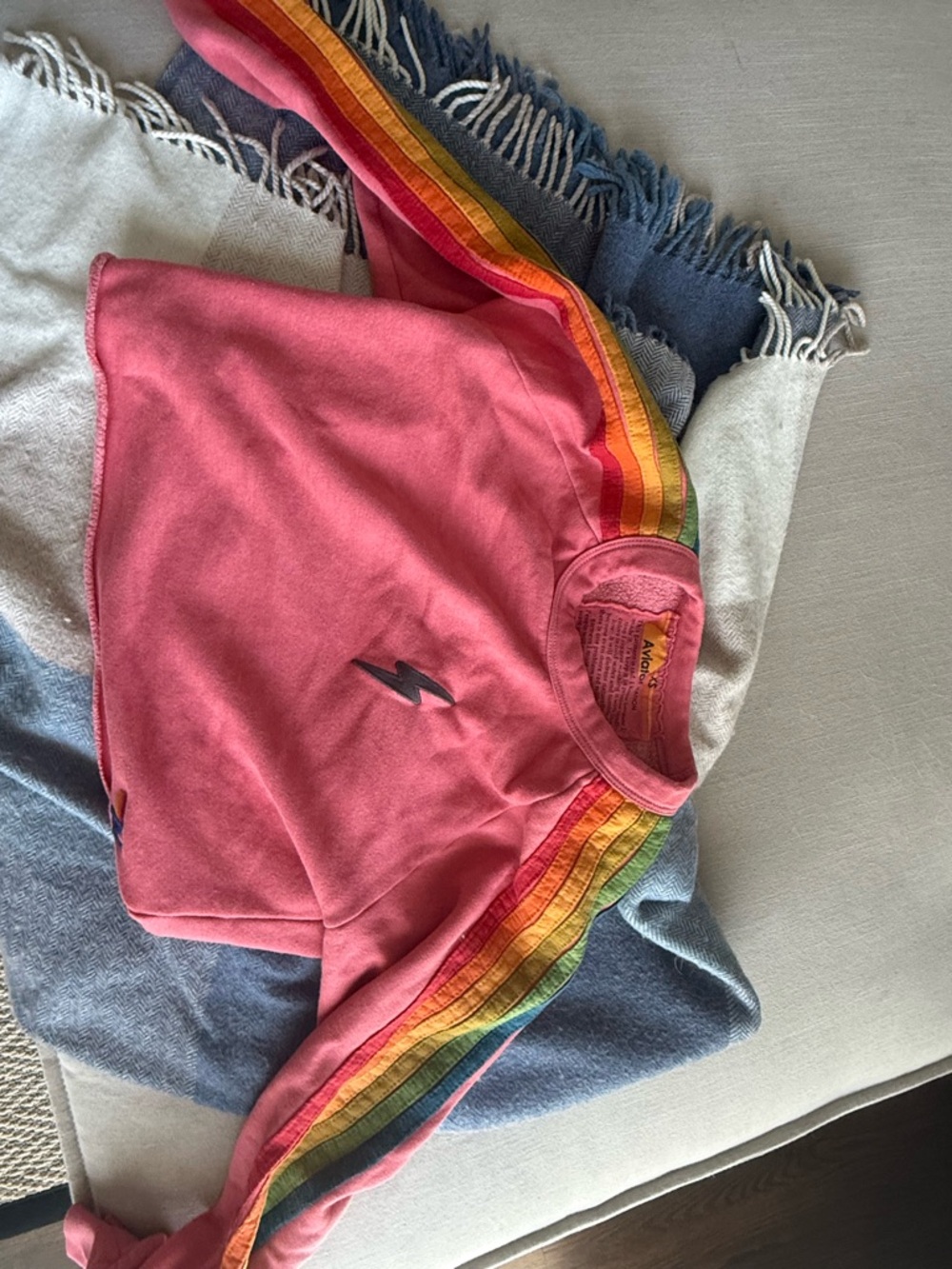 Aviator Nation Pink Rainbow Stripe Sweatshirt with Lightning Bolt